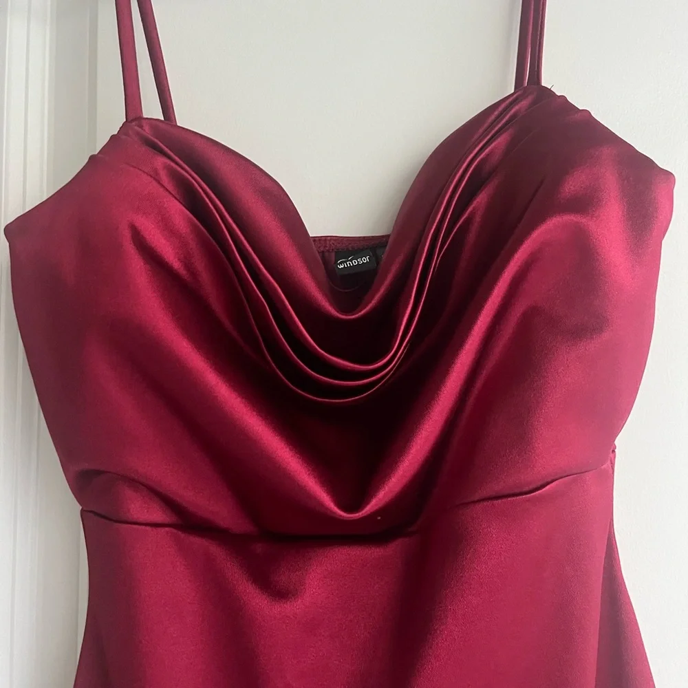 Red Satin Asymmetrical Cowl Neck Dress - Picture 3 of 5